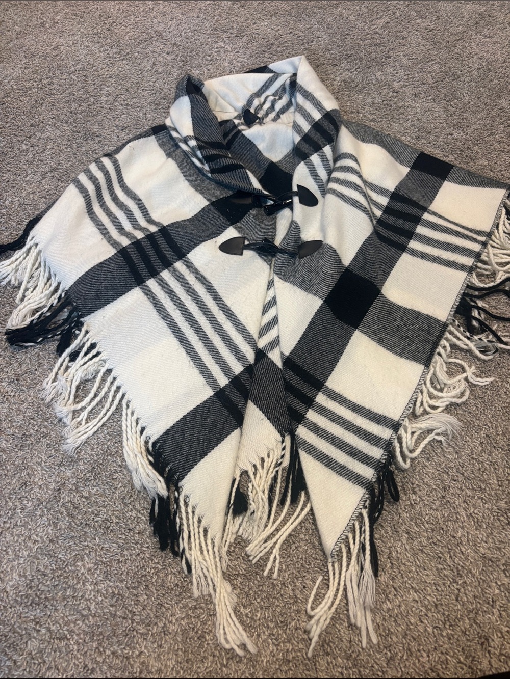 Black & White Plaid Toggle Fringe Poncho Wrap